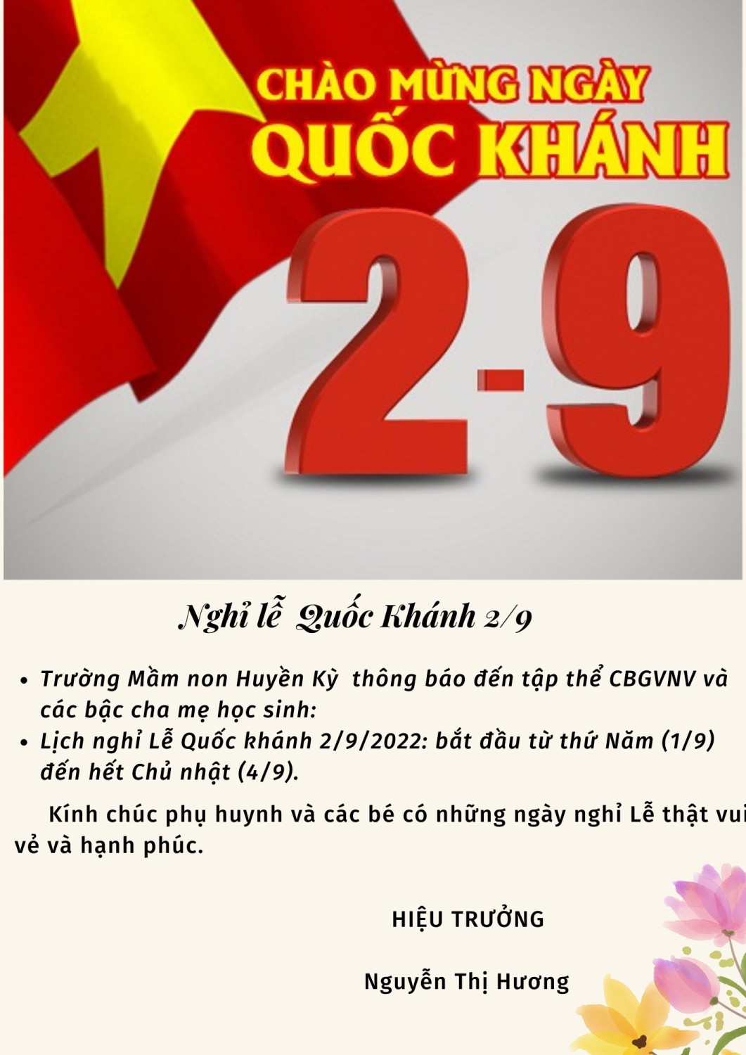 Thông báo nghỉ lễ Quốc Khánh 2/9