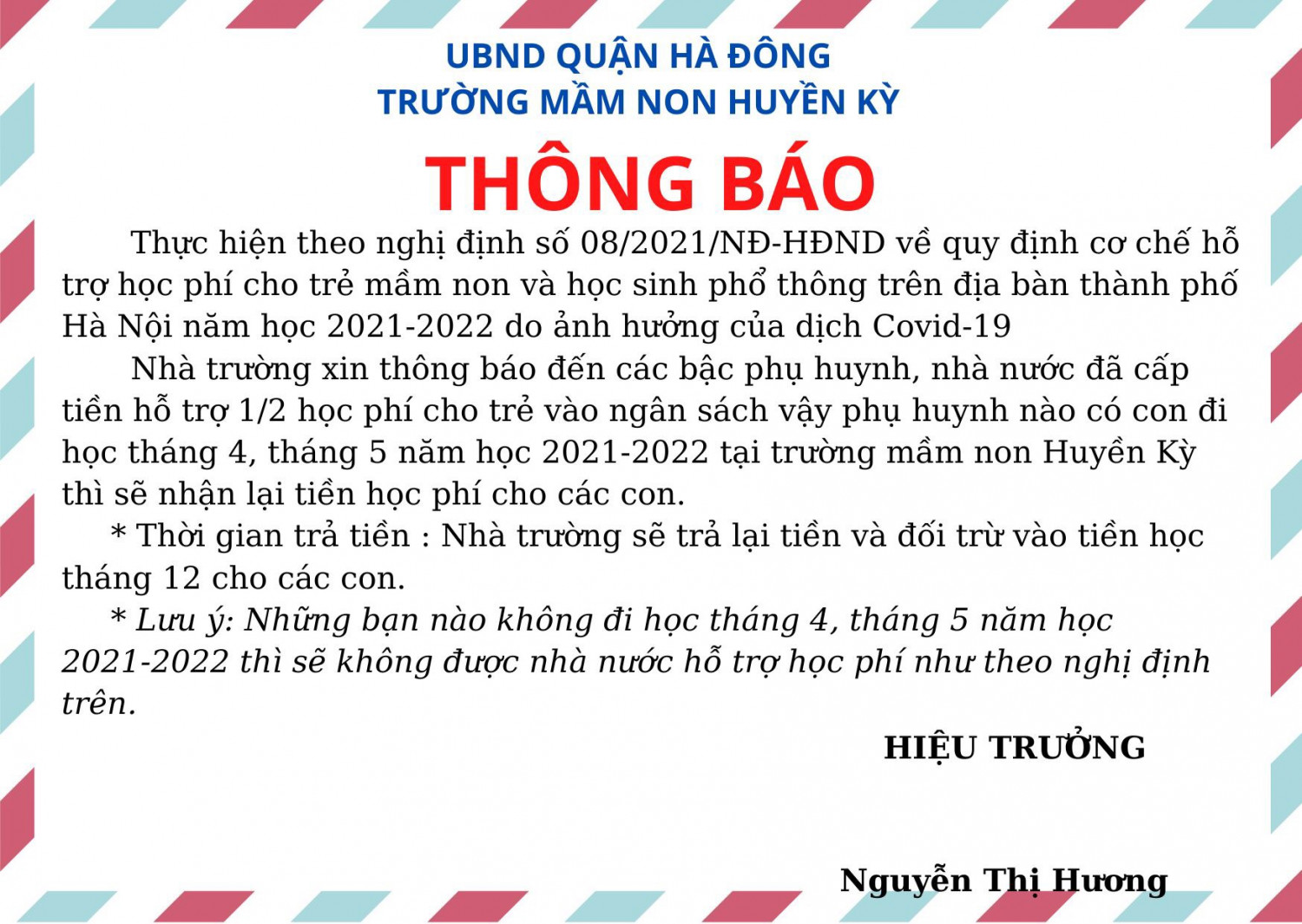 THÔNG BÁO TRẢ TIỀN HỖ TRỢ HỌC PHÍ CHO TRẺ