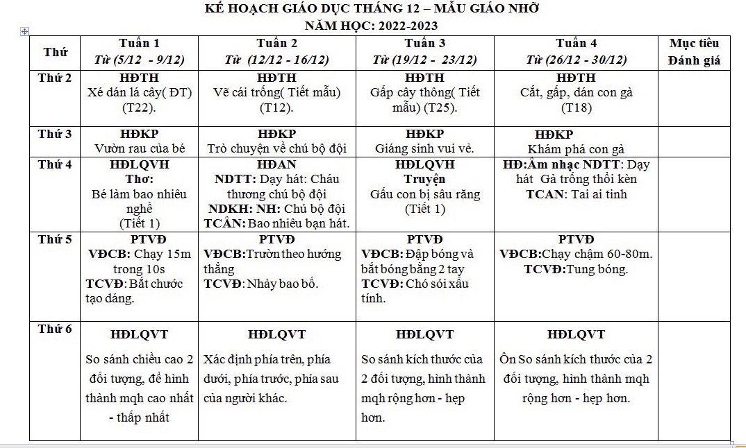 hoạt động học tháng 12 của bé