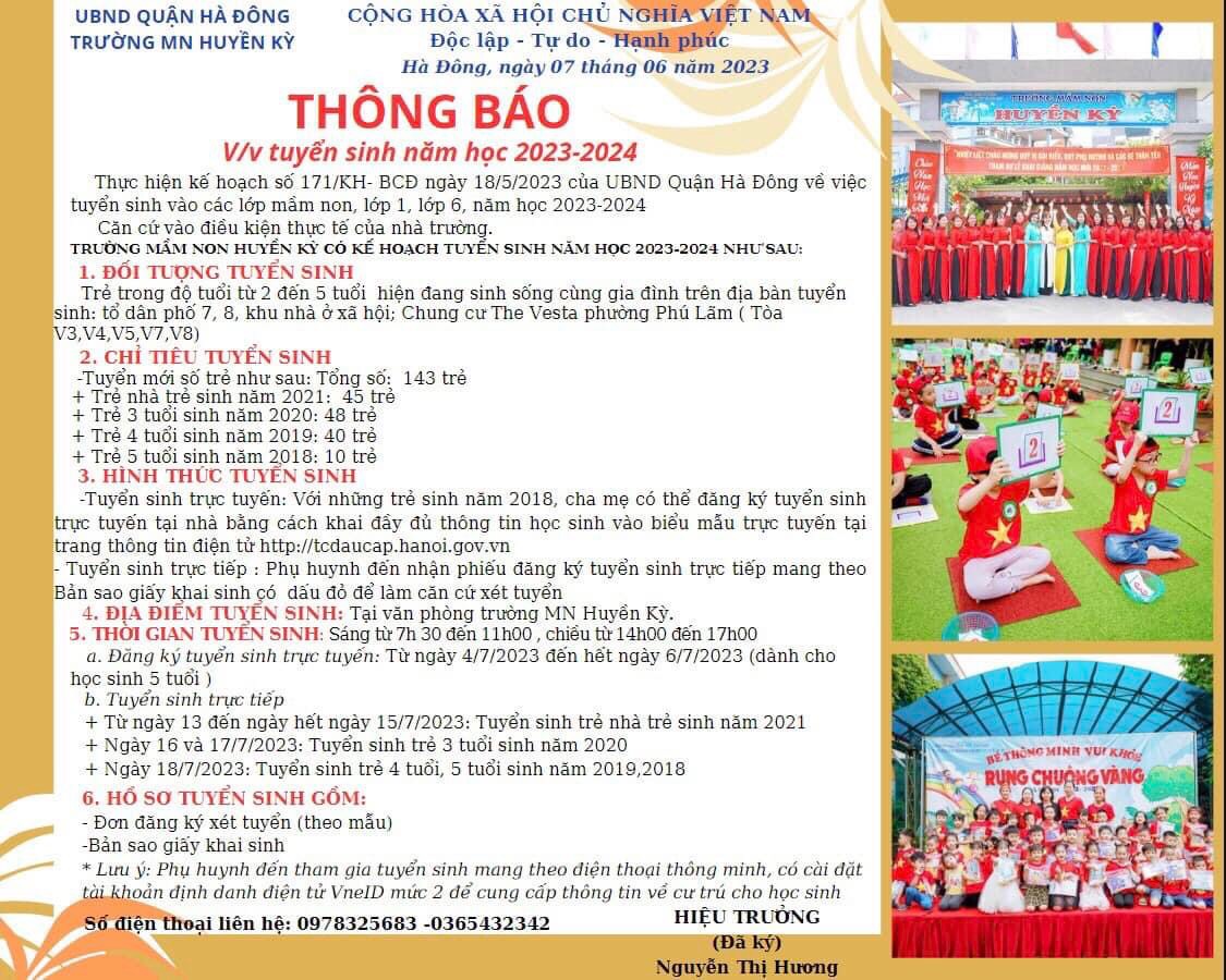Trường MN Huyền Kỳ  thông báo tuyển sinh